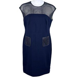 ESCADA Women 44 US 14 Navy Blue Dress Lamb Leather Mesh Yoke Pockets Career Wear